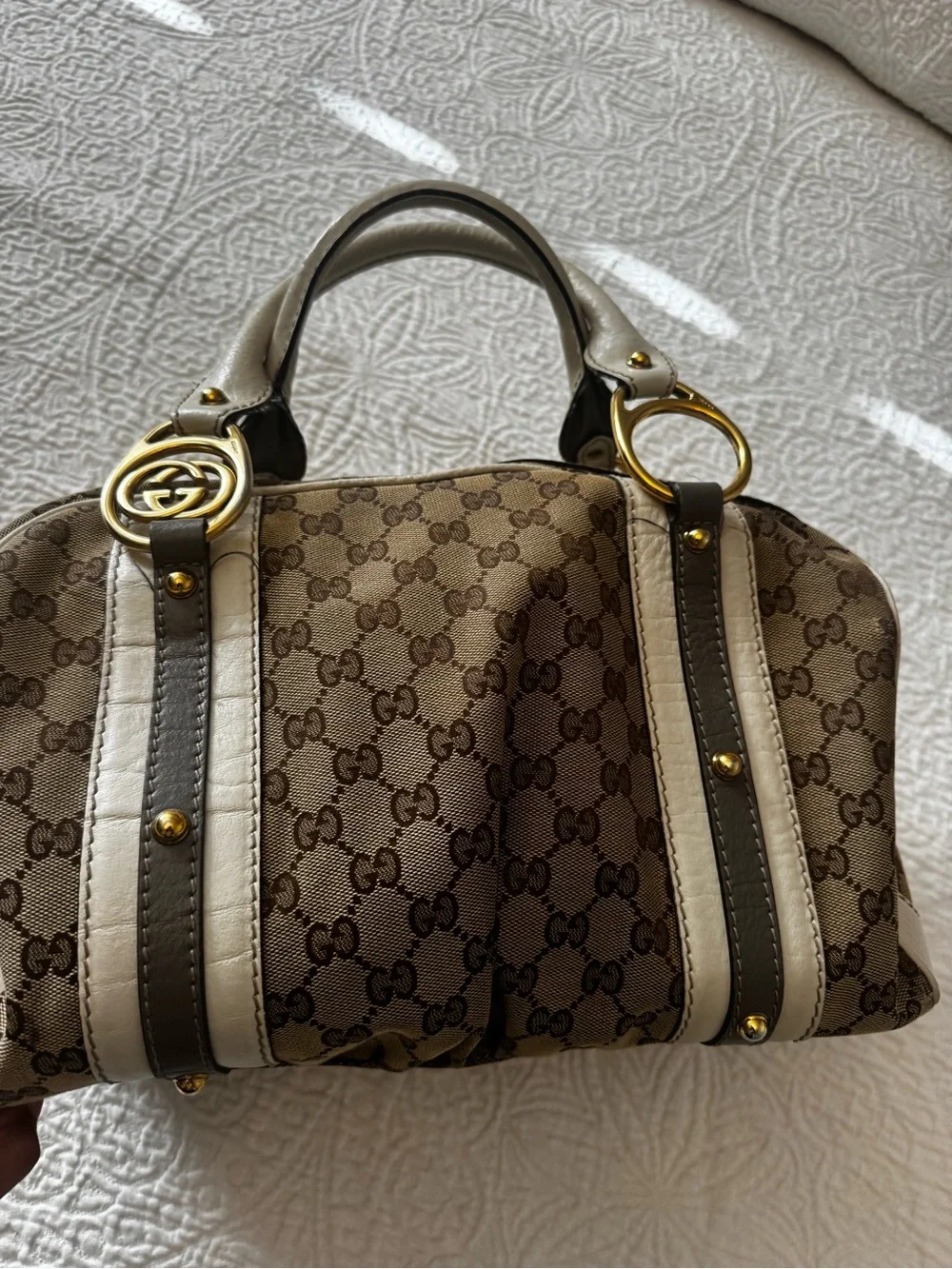 Vintage 2004 Gucci Brown GG Canvas Satchel with Gold Hardware
